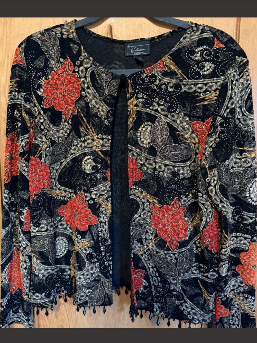 dressbarn Black Velvet Cardigan with Red Floral & Metallic Accents